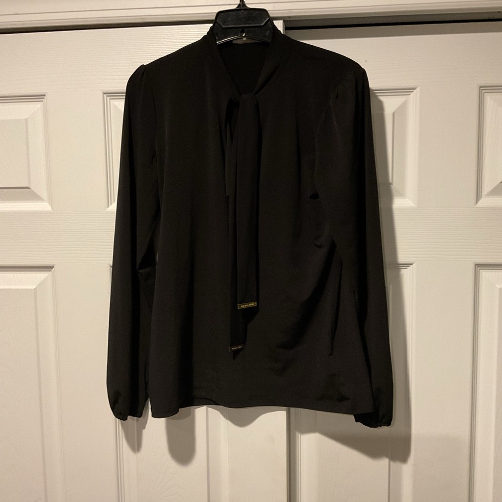 Michael Kors Black Bow Wrap Tie Blouse Dress Shirt Top Office Siren Y2K sz M